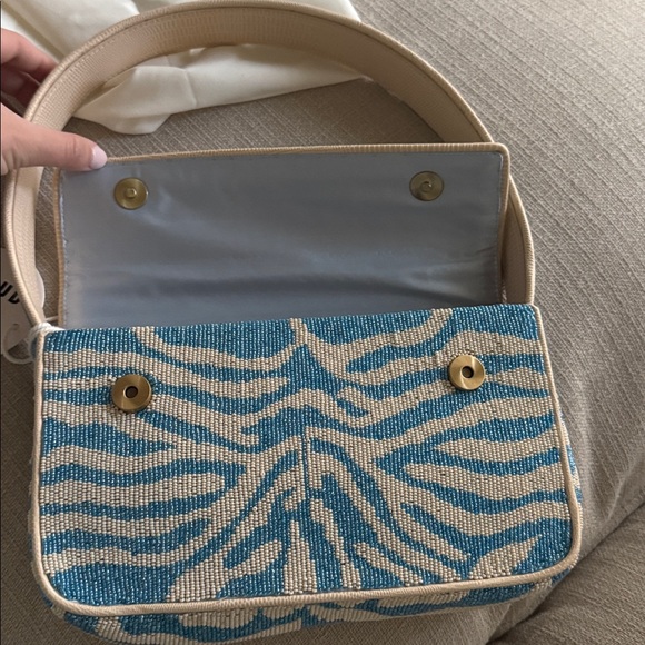 STAUD Zebra Pattern Blue and Cream Beaded Shoulder Bag - Picture 6 of 9